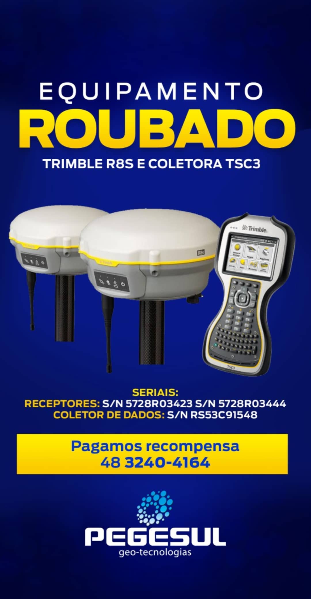 Recompensa para quem encontrar equipamento de topografia roubado